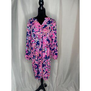 Lilly Pulitzer Womens XL Blue & Pink Floral Print Dress With Button-Front Neckli